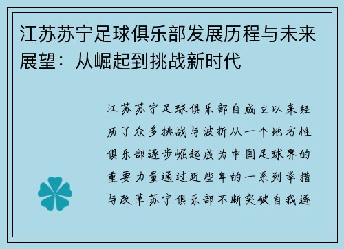 江苏苏宁足球俱乐部发展历程与未来展望：从崛起到挑战新时代