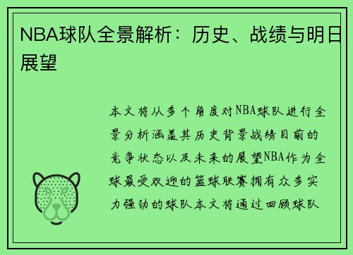 NBA球队全景解析：历史、战绩与明日展望