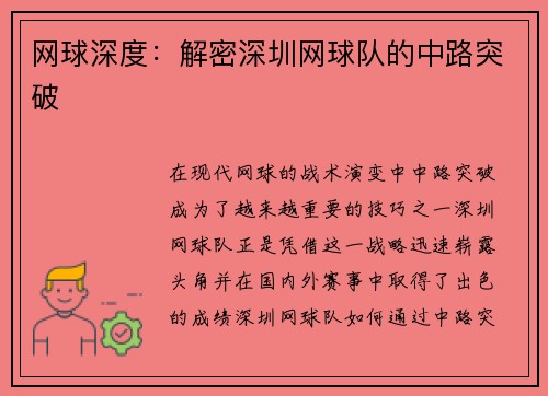 网球深度：解密深圳网球队的中路突破