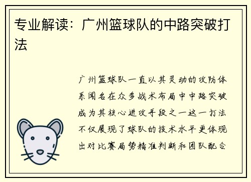 专业解读：广州篮球队的中路突破打法