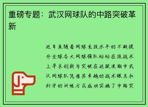 重磅专题：武汉网球队的中路突破革新