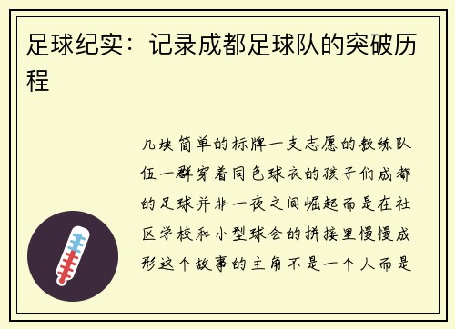 足球纪实：记录成都足球队的突破历程