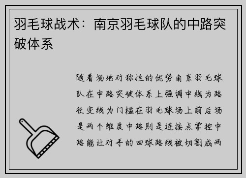 羽毛球战术：南京羽毛球队的中路突破体系